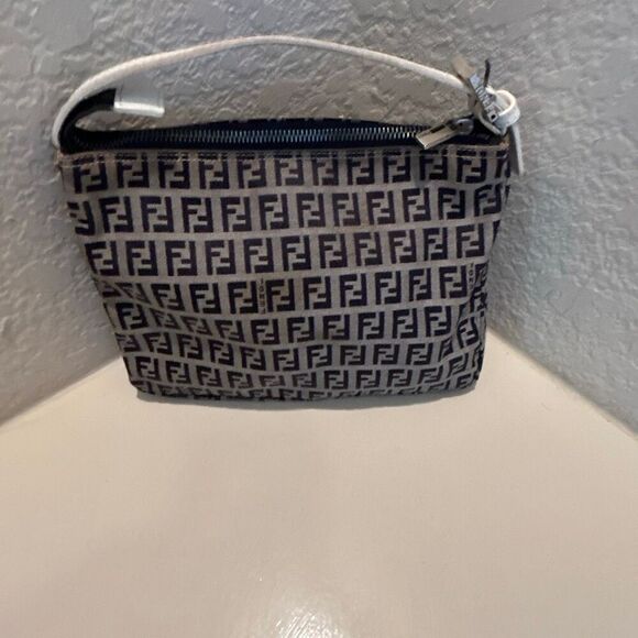 Fendi Zucchino Mini Bag Navy White FF Logo Slouchy Baguette Shoulder Purse - Picture 1 of 15